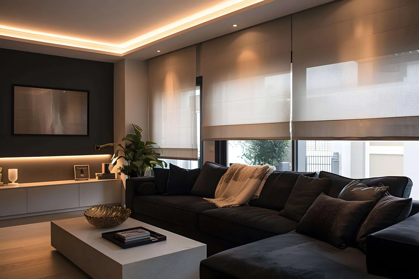 Elegant Motorized Shades Los Gatos Ca Home Living Window Fashions Motorized shades installed on large windows in living room of home