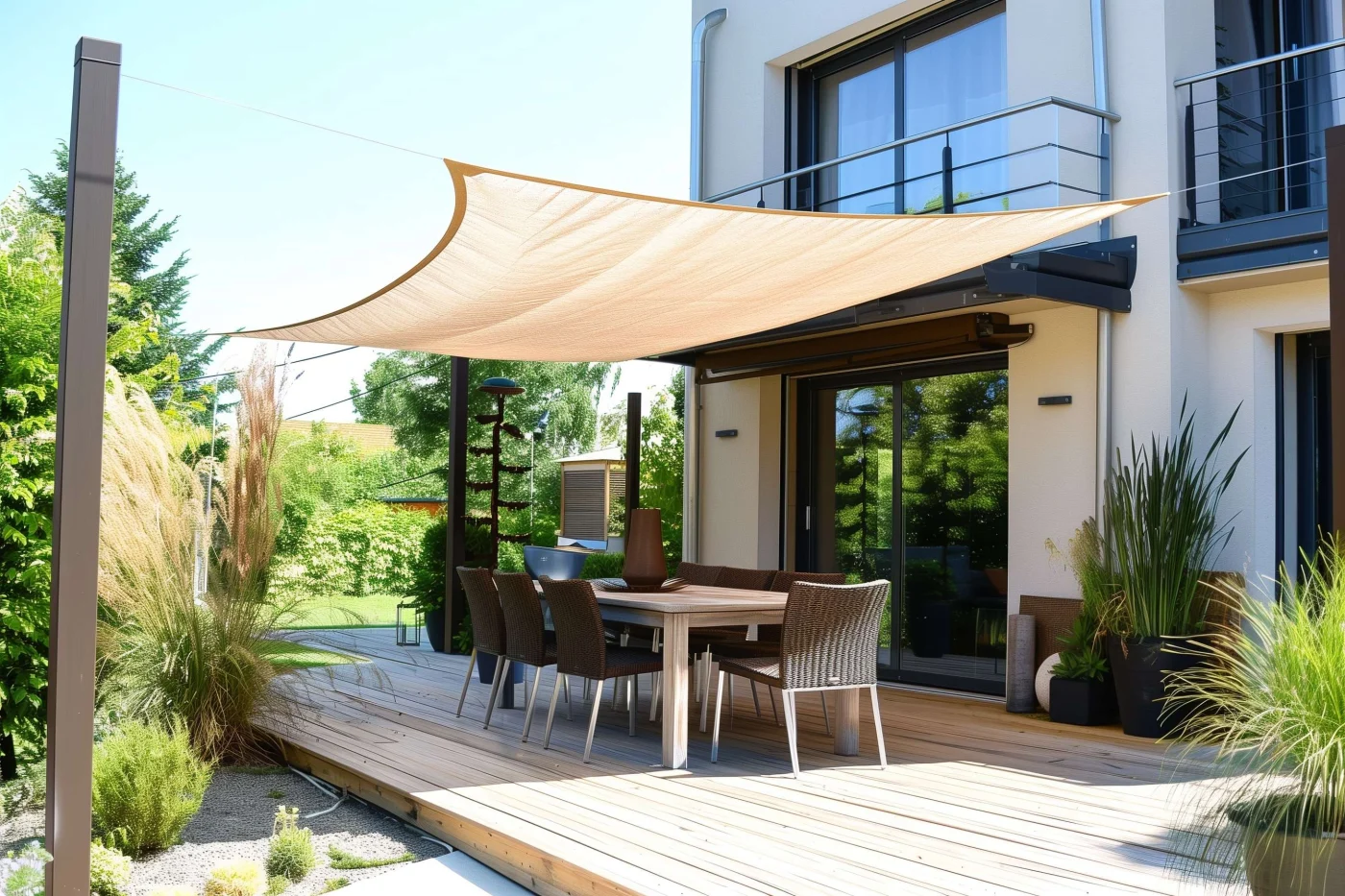 Sail shade over table and chairs at St. Helena, CA home | The Home Living Company
