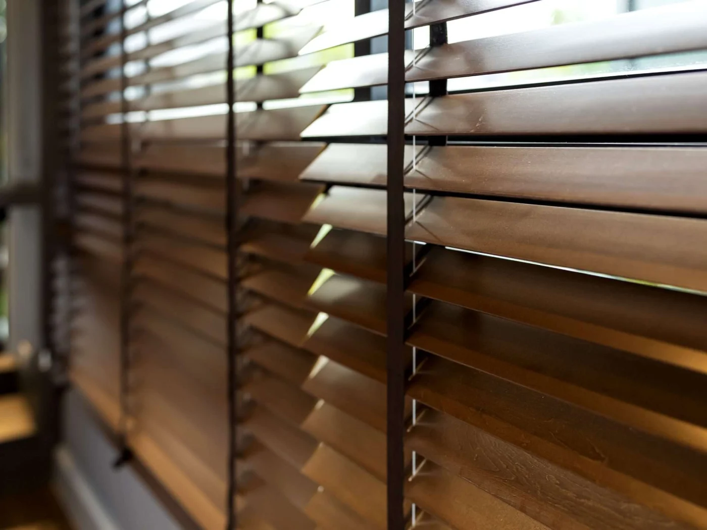 Gorgeous dark wooden blinds installed on windows in San Pablo, CA by The Home Living Company