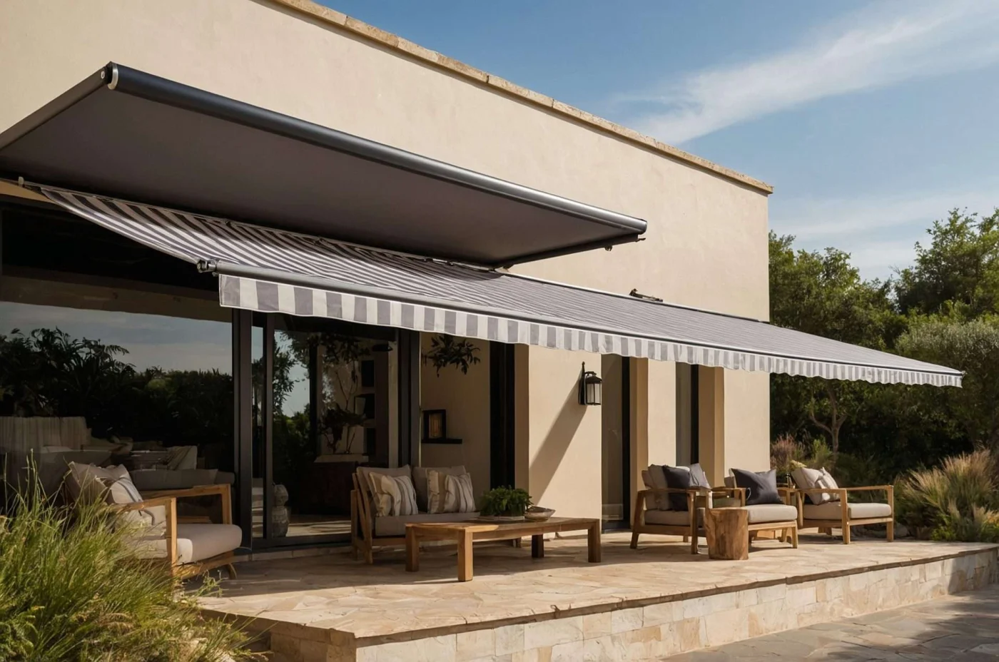 Patio with striped awning installed in Lafayette, CA | The Home Living Company