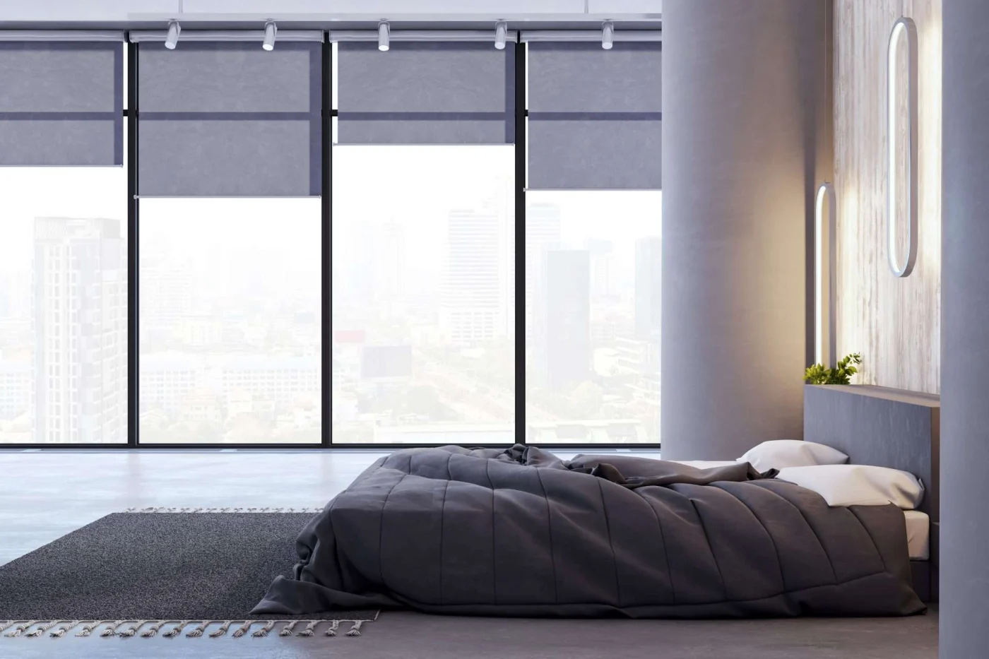 Motorized shades covering windows in modern bedroom in Lafayette, CA | The Home Living Company
