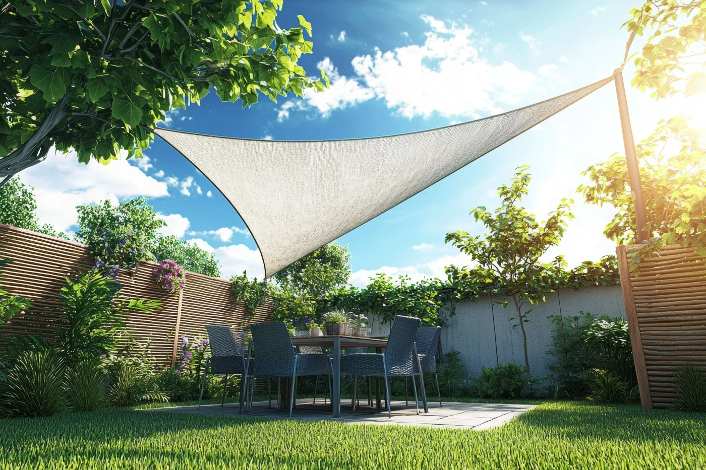 Sail shade in Napa, CA yard over outdoor furniture
