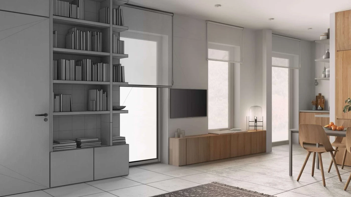 Automatic shades on floor-to-ceiling windows in home