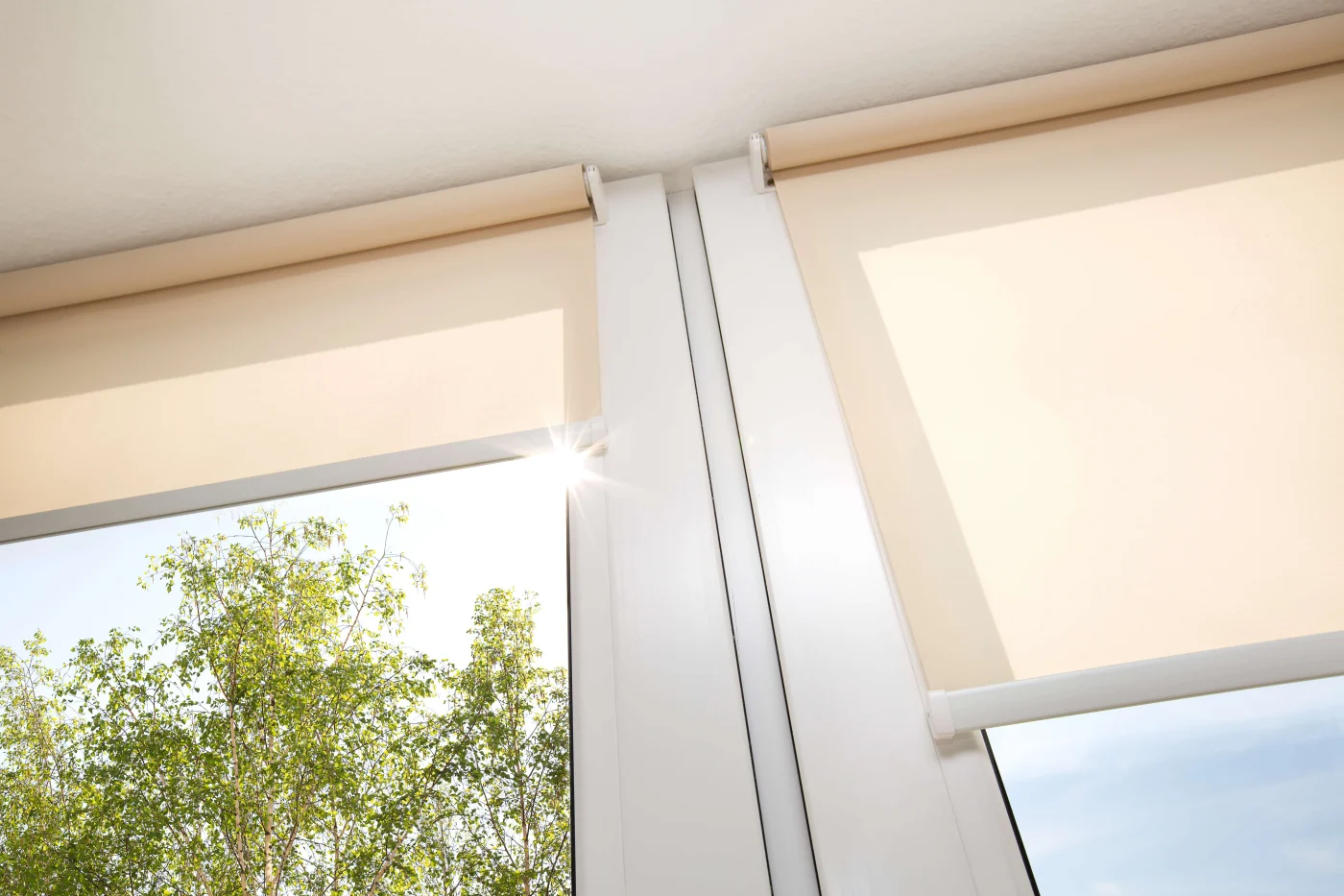Roll Textile Jalousie Beige motorized shades at Napa, CA home installed by Home Living Window Fashions