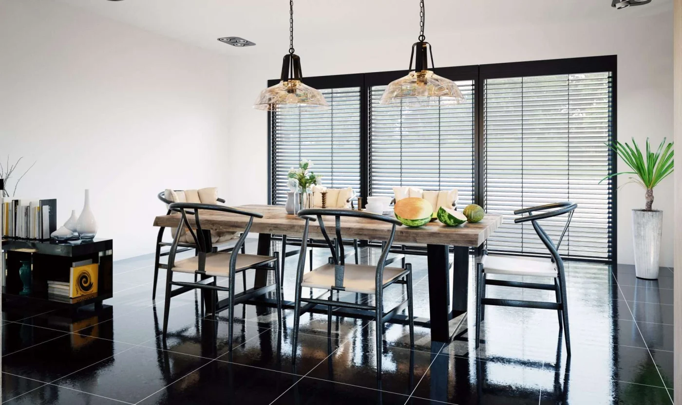 Modern Domestic Dining Room Interior. Beautiful blinds on floor-to-ceiling windows in dining room to allow for natural light