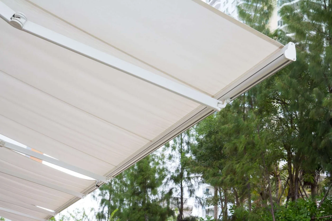 Close up view of white awning hanging over patio in San Rafael, CA | The Home Living Company