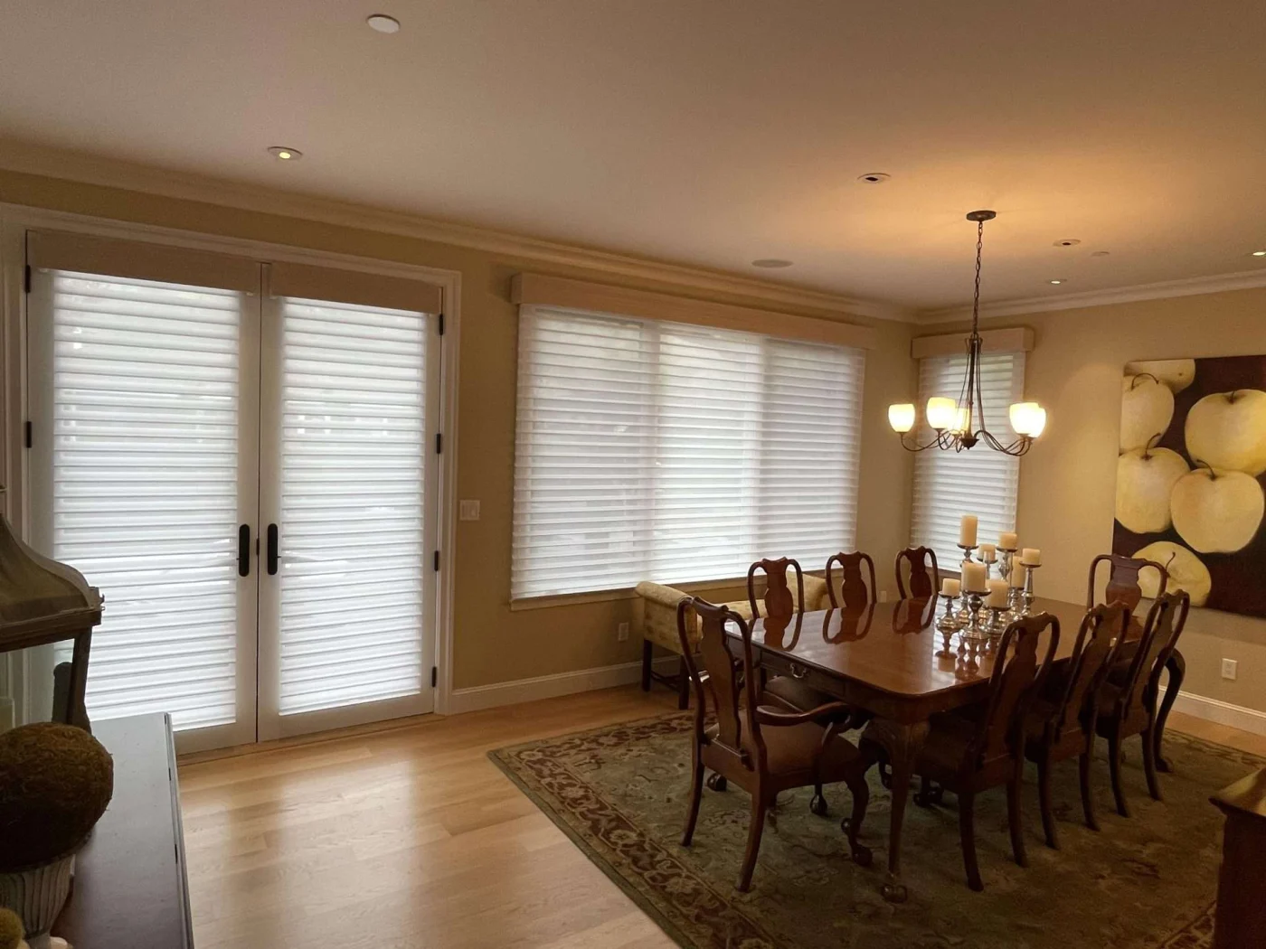 Interior view of house with shades placed over windows and doors for privacy in Sausalito, CA
