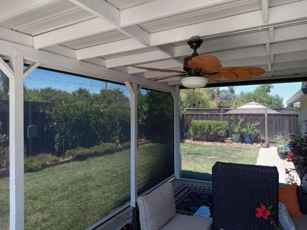 Motion screen patio covering with a fan at Napa, CA home