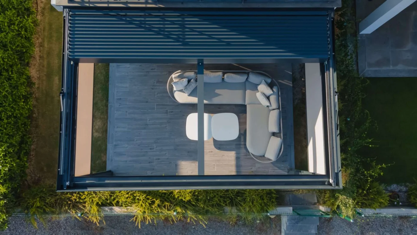 Aerial view of pergola with opening roof in San Pablo, CA by The Home Living Company