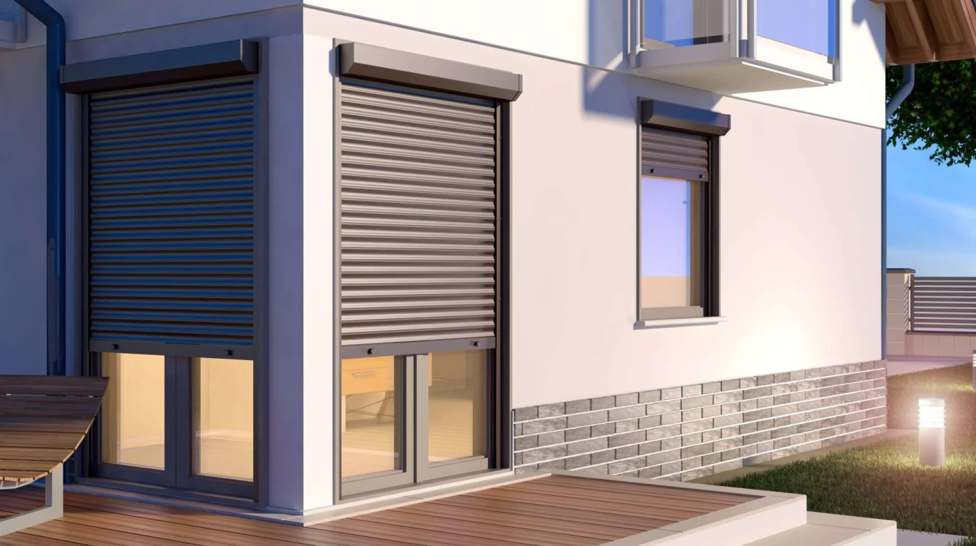 Exterior view of home with motorized security shades over windows in San Pablo, CA by The Home Living Company