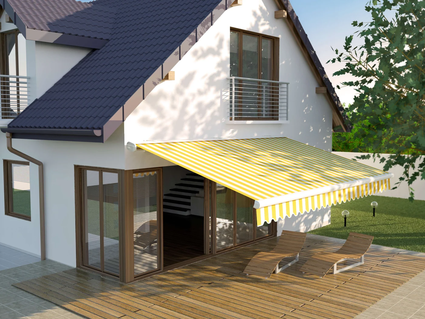 Yellow and white awning over patio with two pool chairs in St. Helena, CA | The Home Living Company