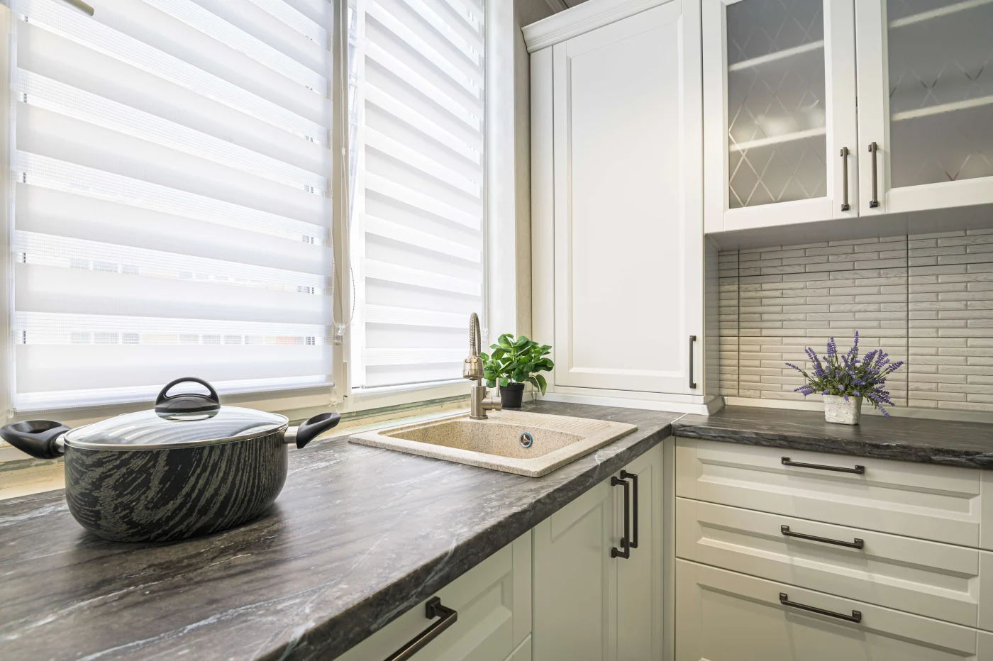 Sheer shades over kitchen sink in Napa, CA home