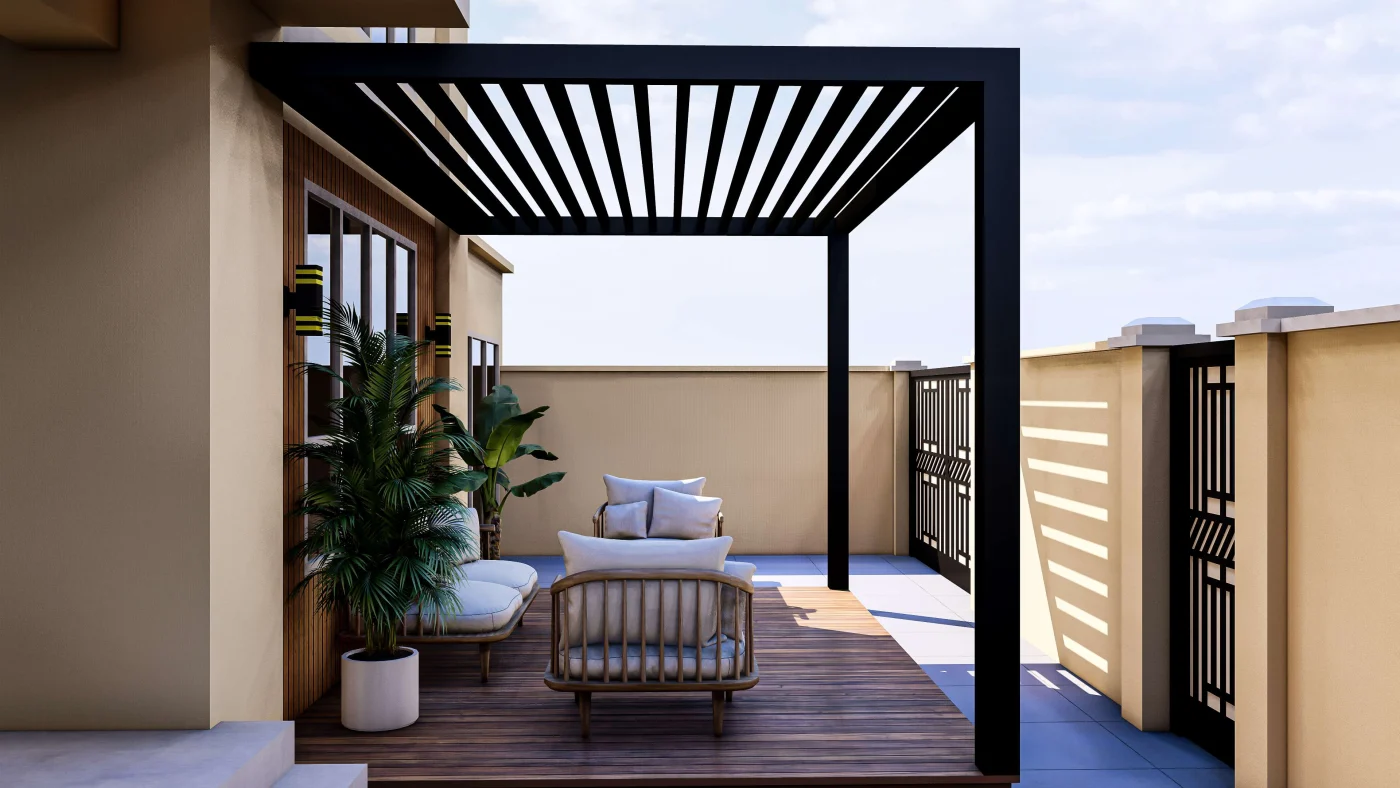 Black patio cover over lounge area on patio