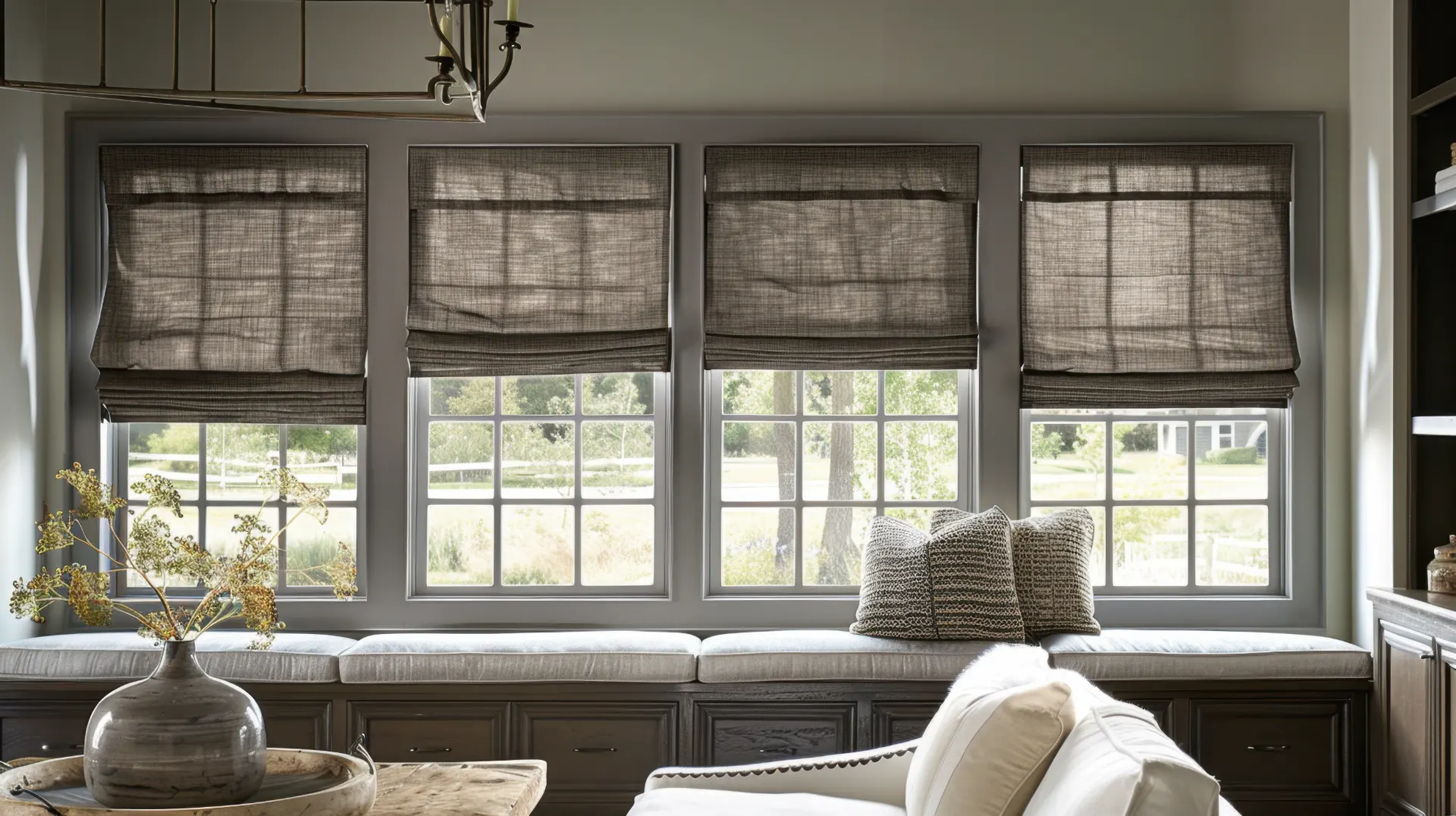 Gray shades in a modern living space in Walnut Creek, CA | Home Living Window Fashions