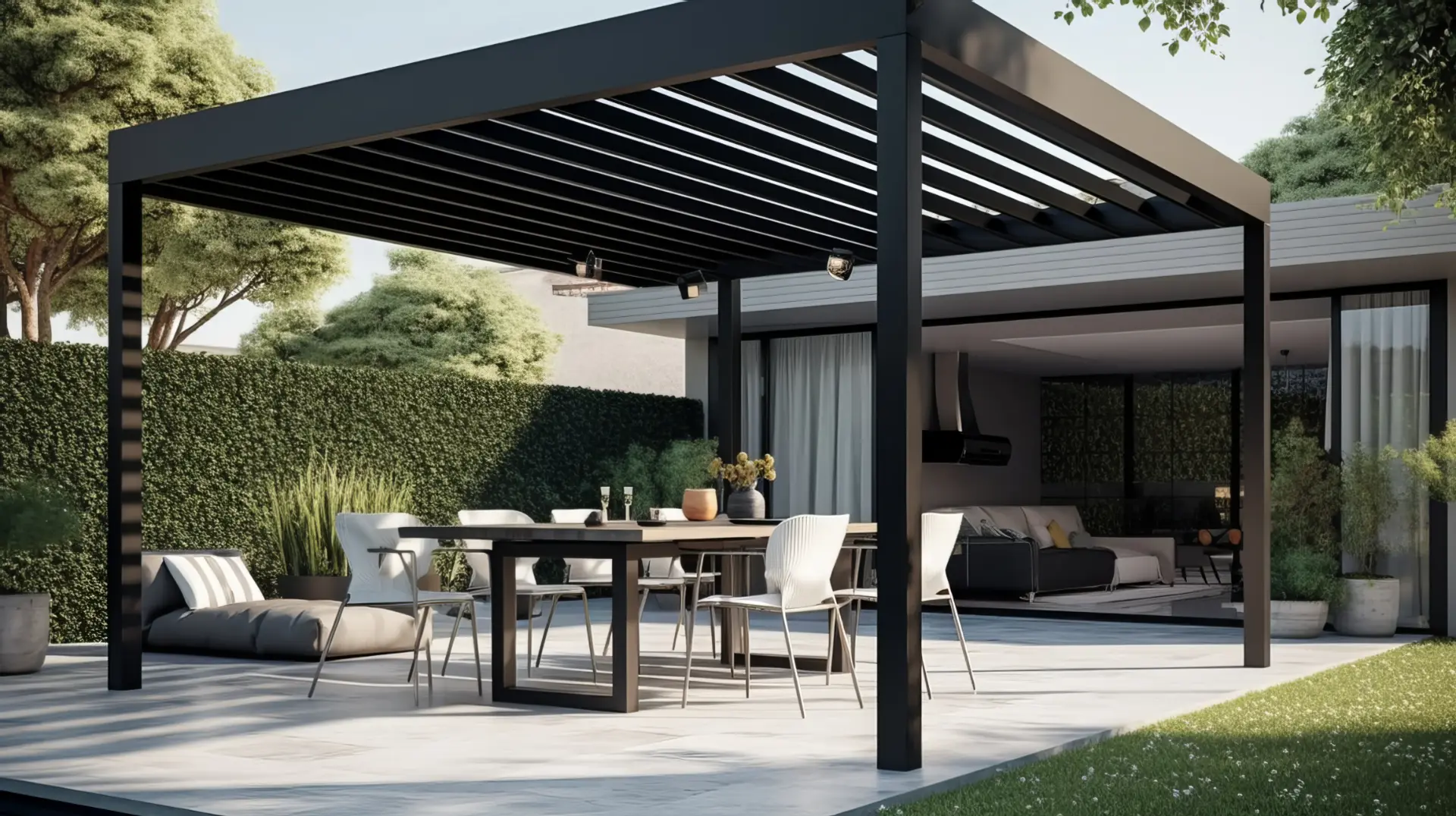Patio with white furniture under a louvered roof in Walnut Creek, CA | Home Living Outdoor Spaces