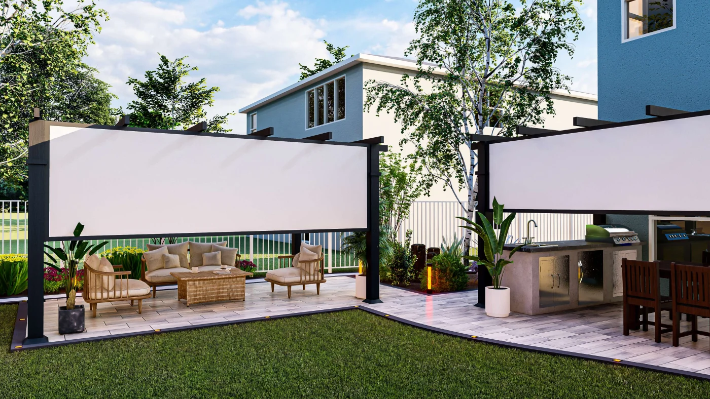 Outdoor patio with screens for privacy that can be raised and lowered