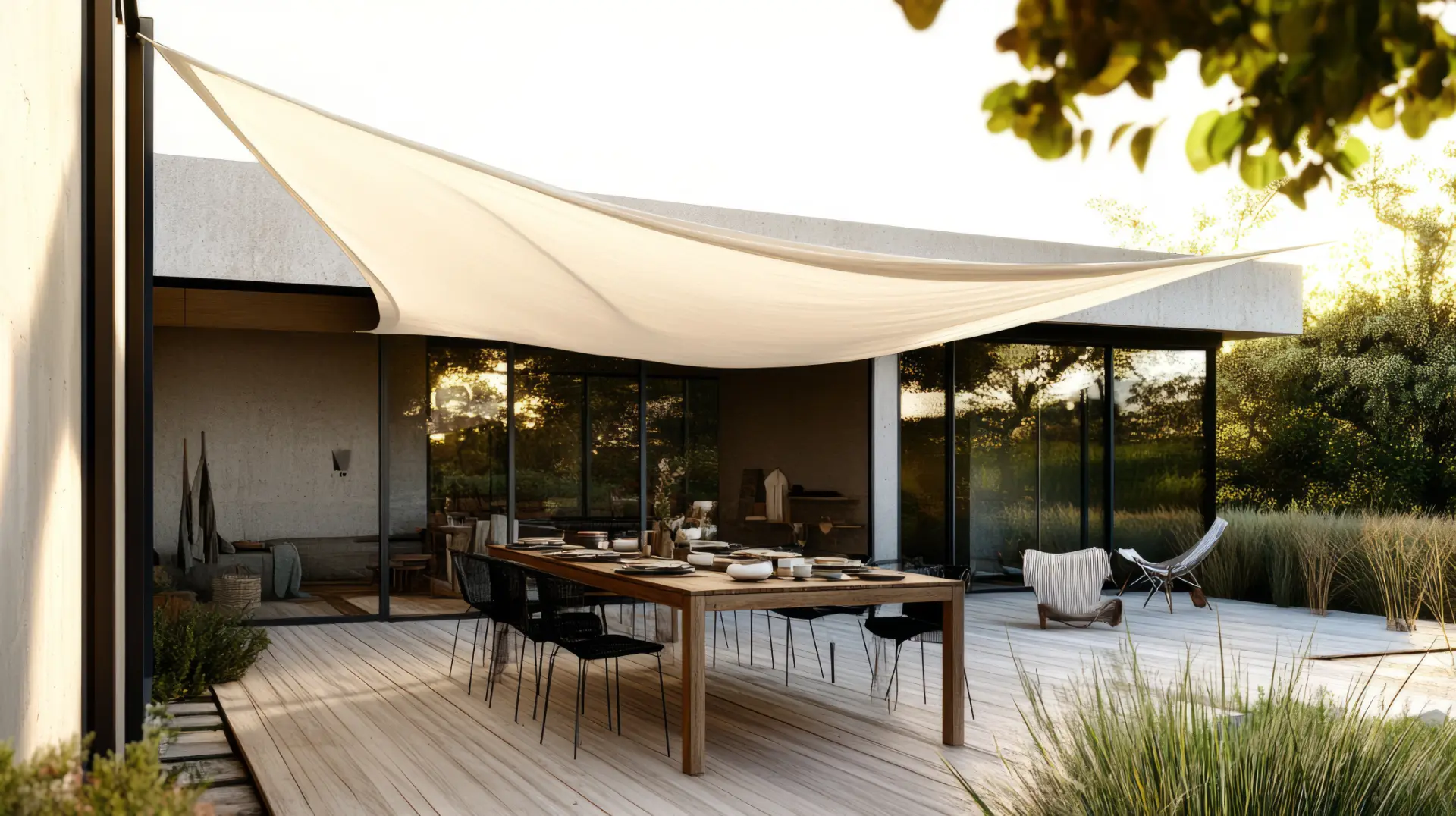 Outdoor patio with a shade sail in Walnut Creek, CA | Home Living Outdoor Spaces