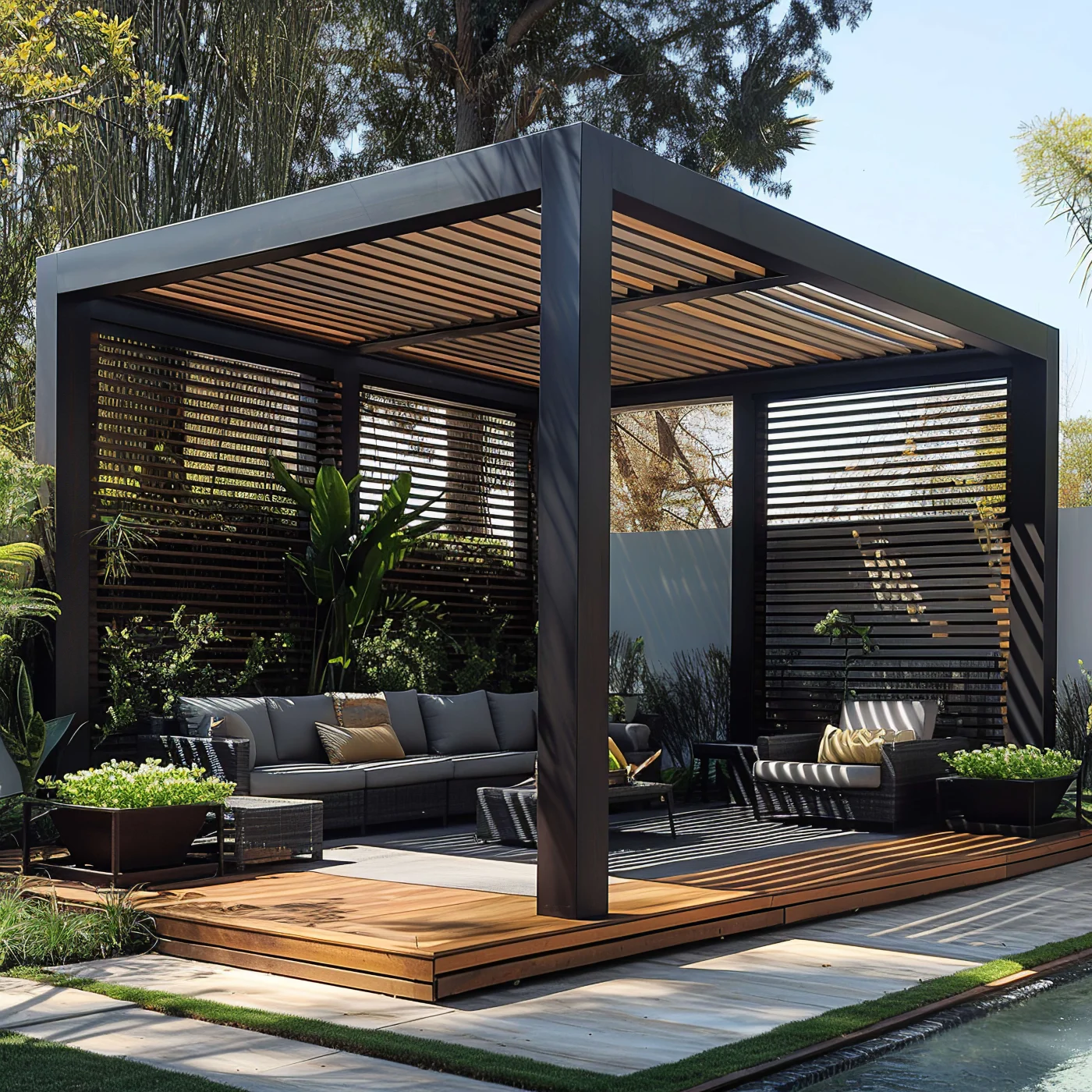 Gorgeous black and wooden pergola covering patio furniture