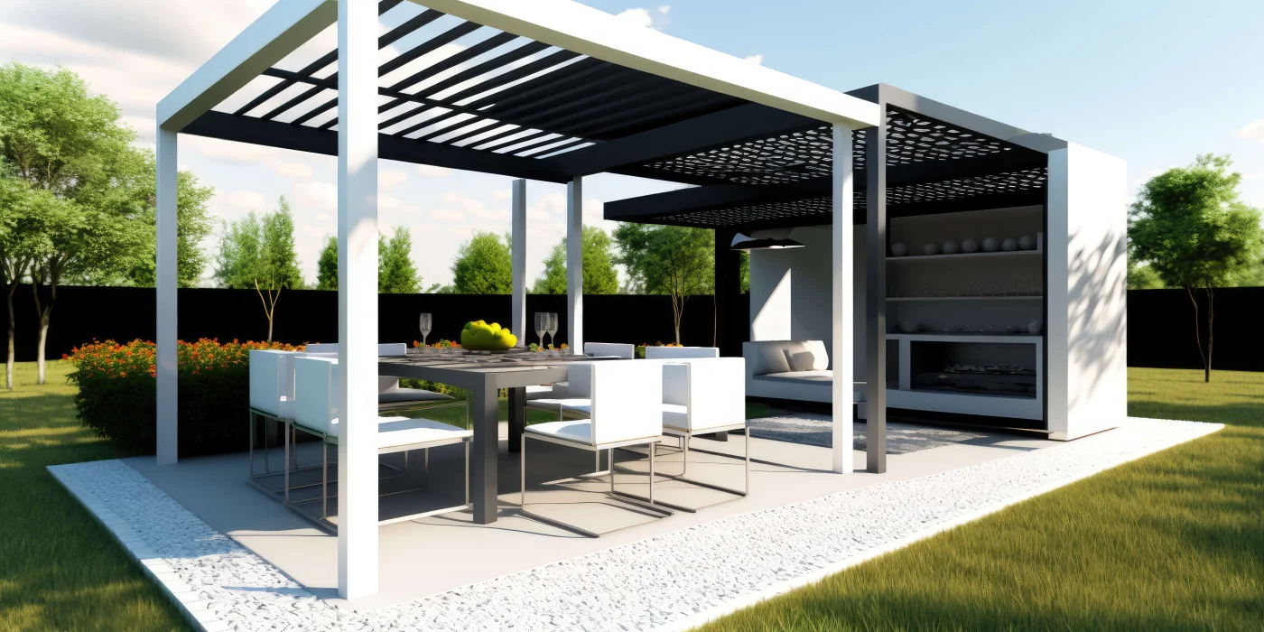 Pergola covering eating area of outdoor kitchen