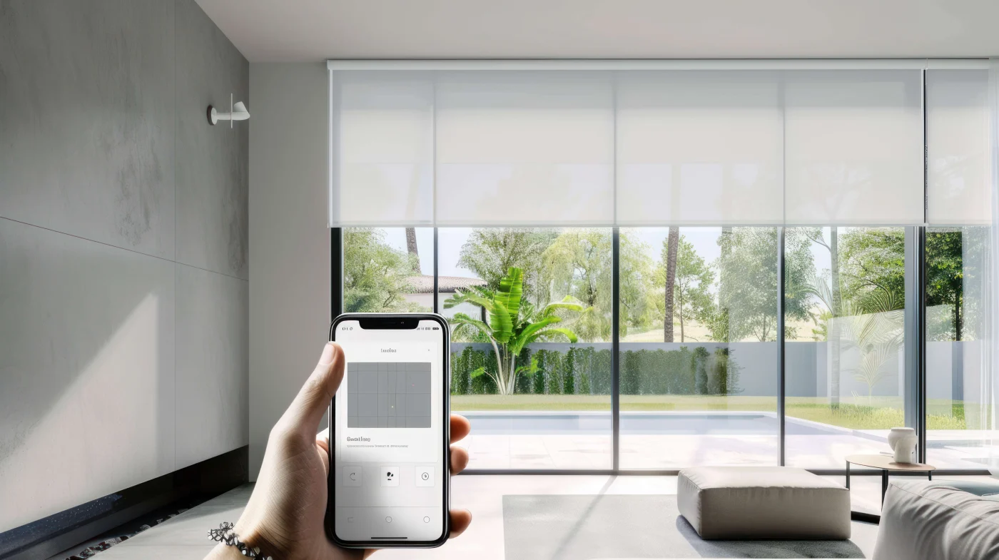 Exquisite Motorized Shades In Sausalito, CA | Home Living Window Fashions White motorized shades on windows being controlled by app on phone