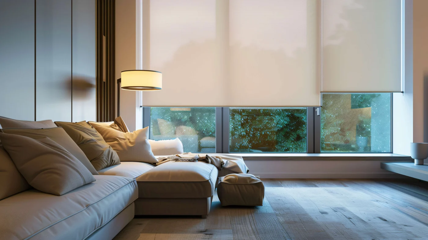Superb Motorized Shades In Piedmont, CA | Home Living Window Fashions White motorized shades on large windows in living area with couch